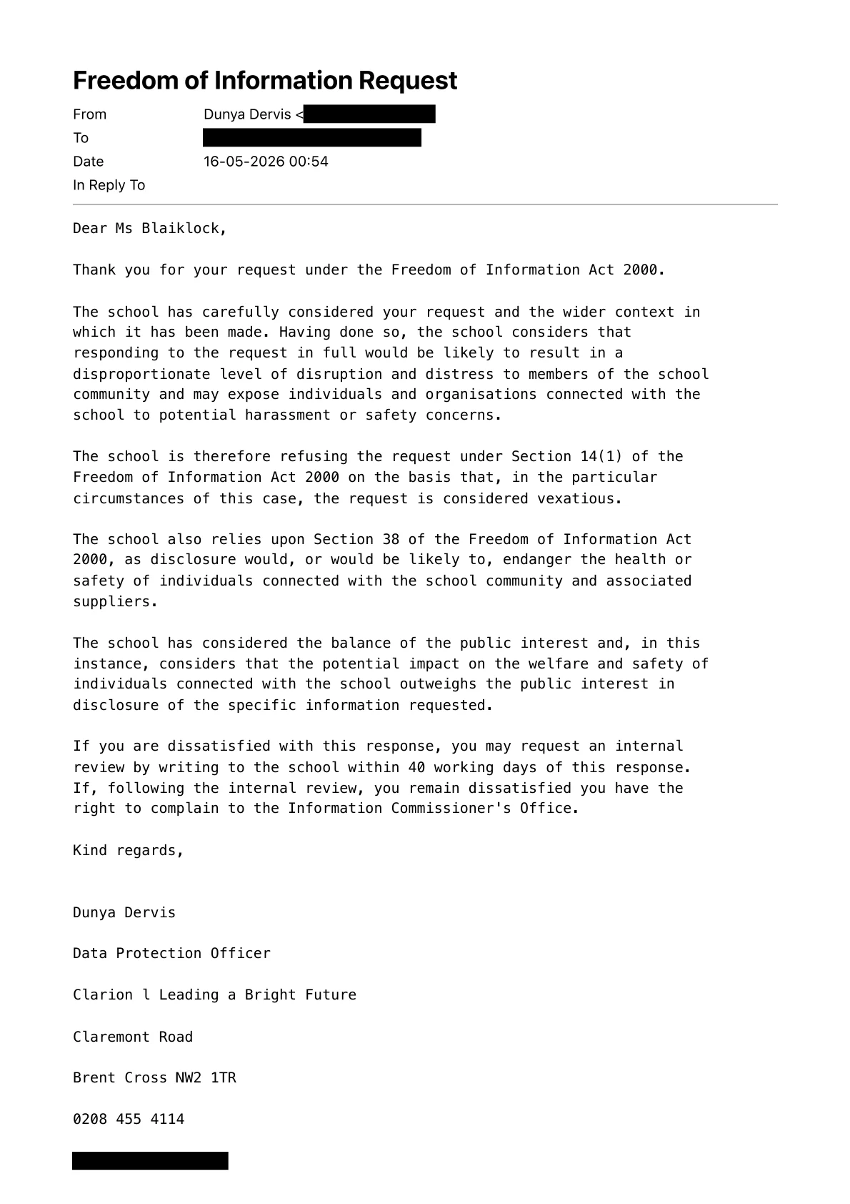 Clarion School — refusal letter (page 1)