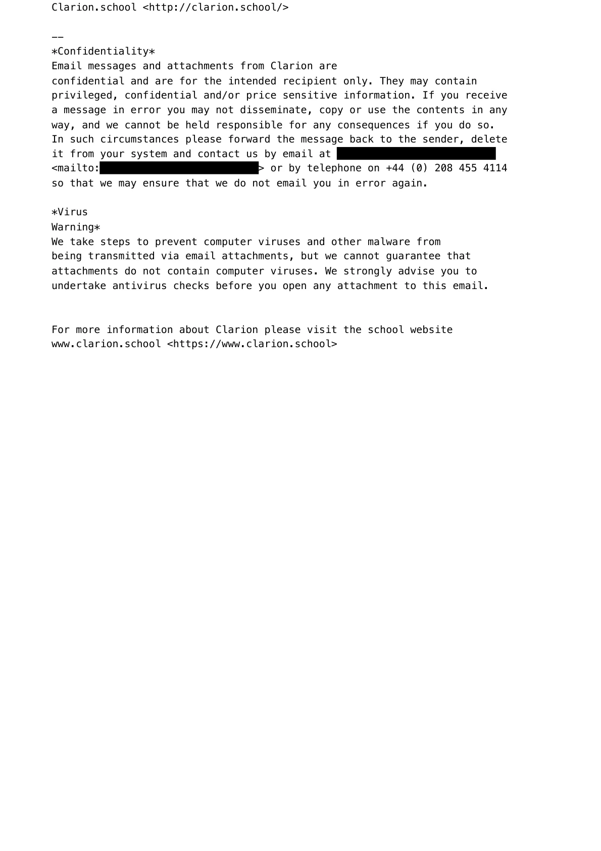 Clarion School — refusal letter (page 2)
