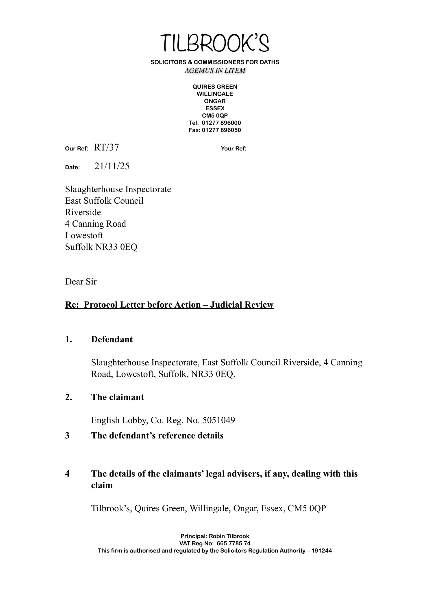 East Suffolk Council — Letter Before Action — 21 November 2025 (page 1)