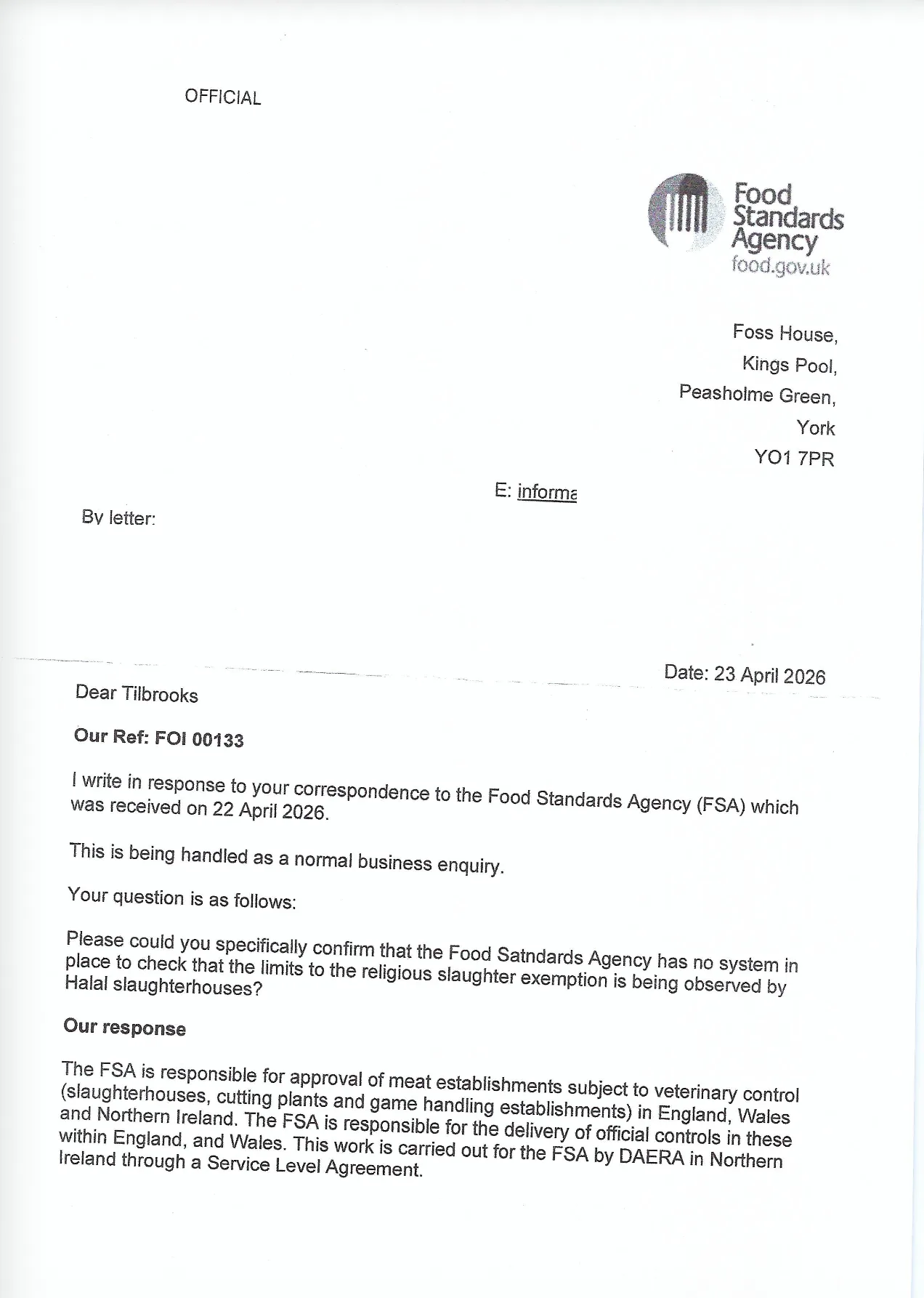 Food Standards Agency — Further response — 23 April 2026 (page 1)