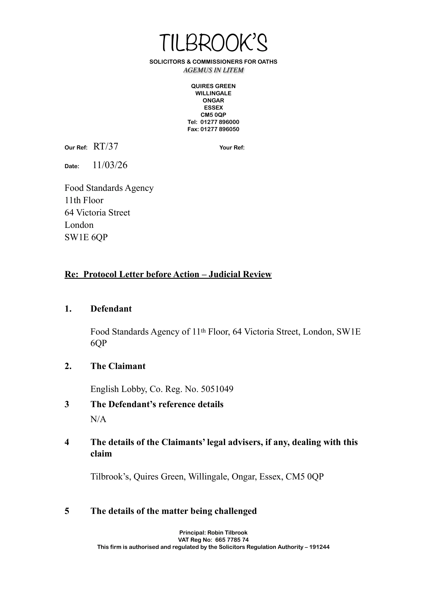 Food Standards Agency — Letter Before Action — 11 March 2026 (page 1)