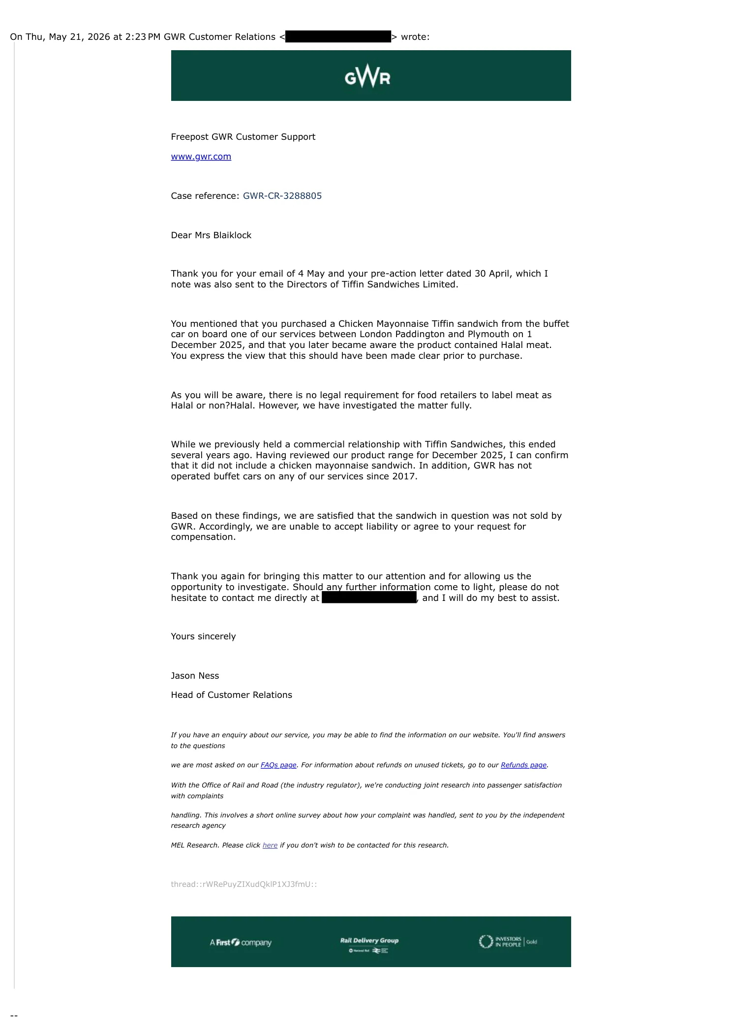 Great Western Railway — email response (page 1)