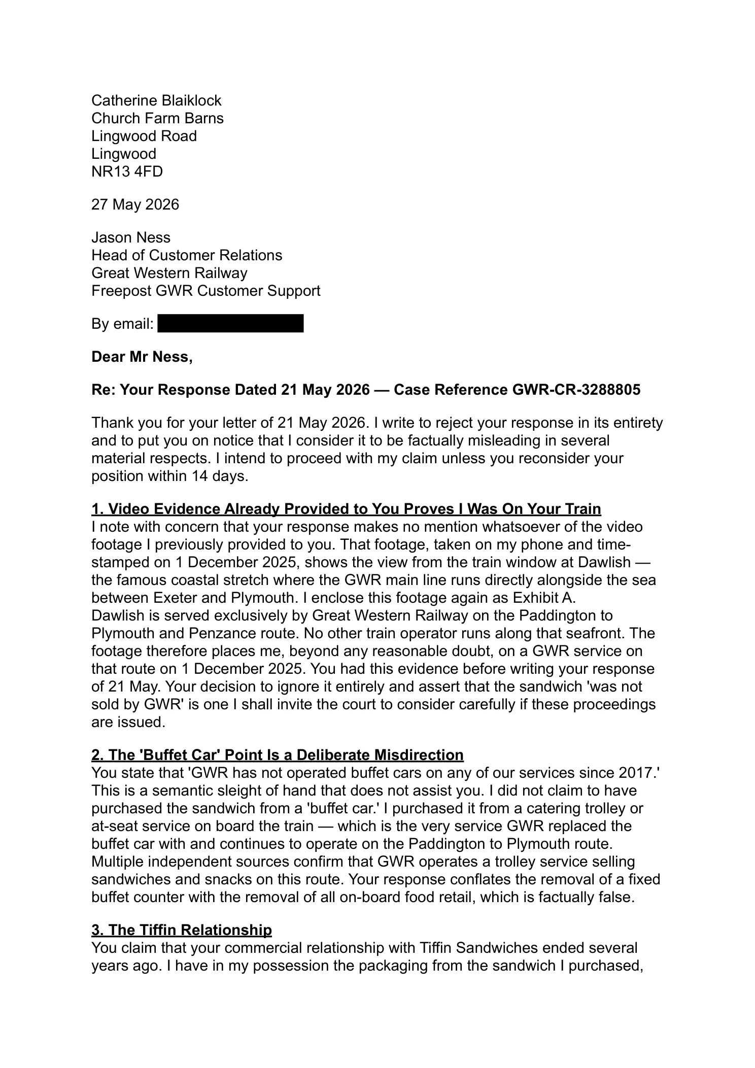 Reply letter to Great Western Railway (page 1)