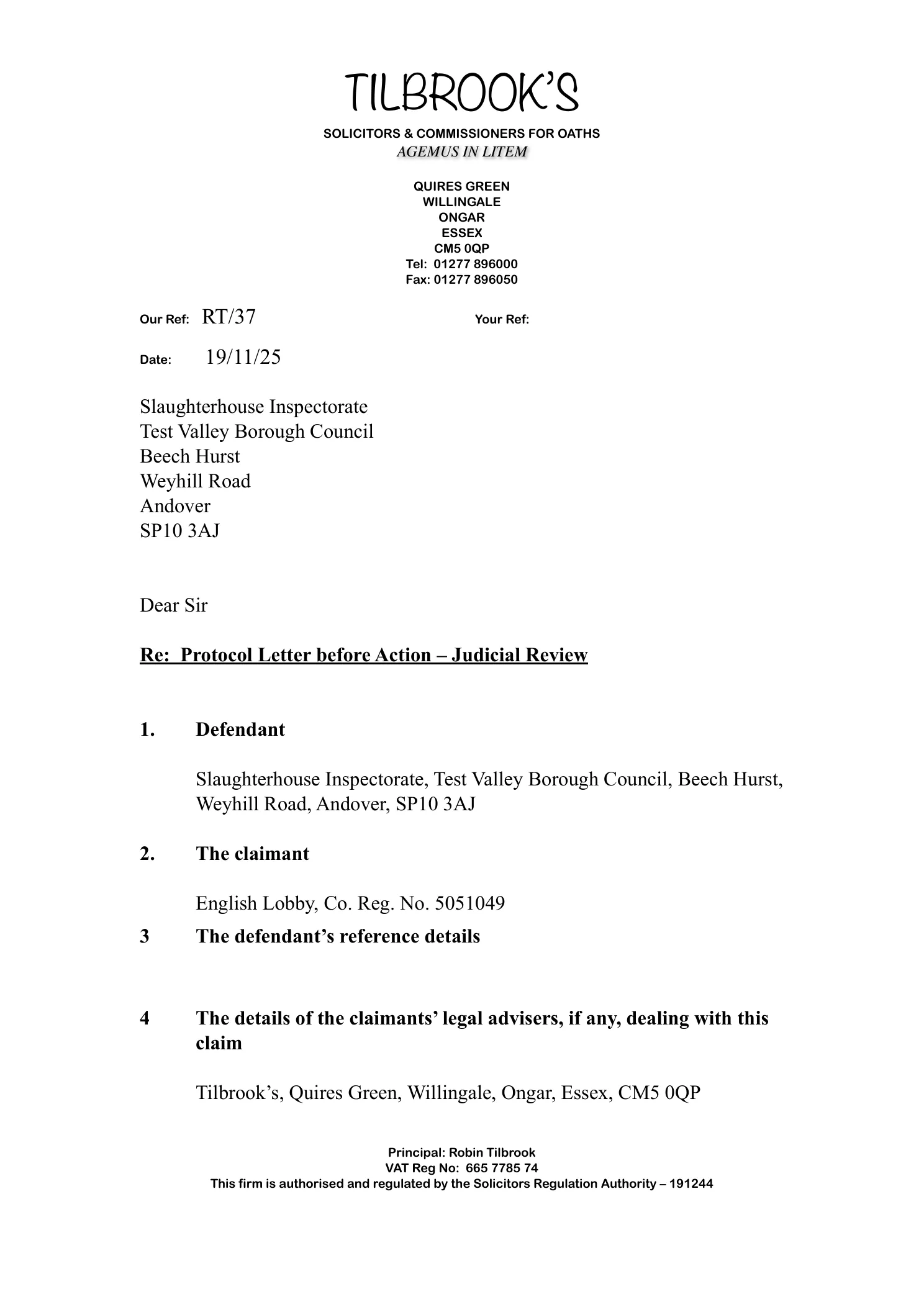 Test Valley Borough Council — Letter Before Action — 19 November 2025 (page 1)