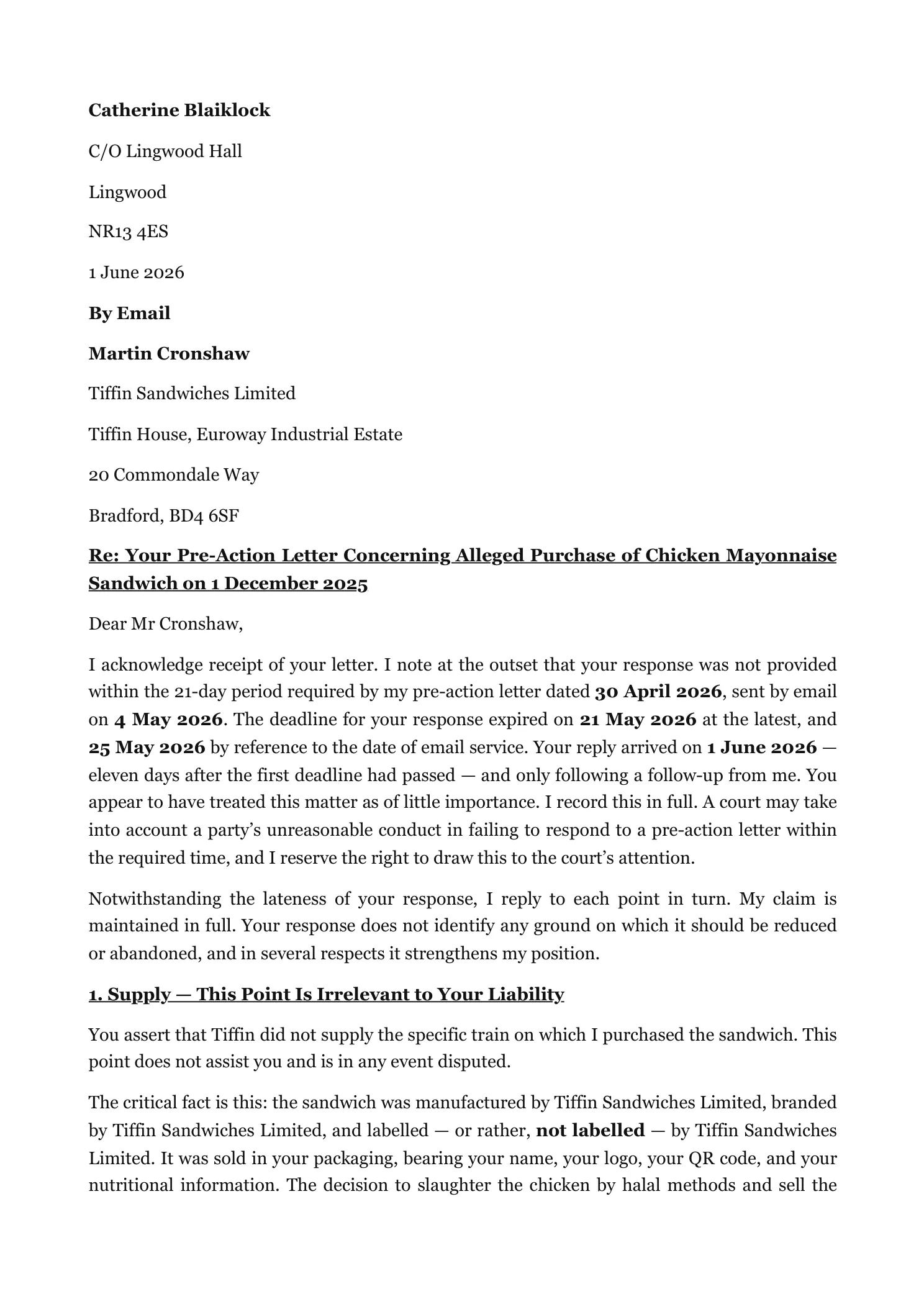 Reply to Tiffin Sandwiches' pre-action response (page 1)