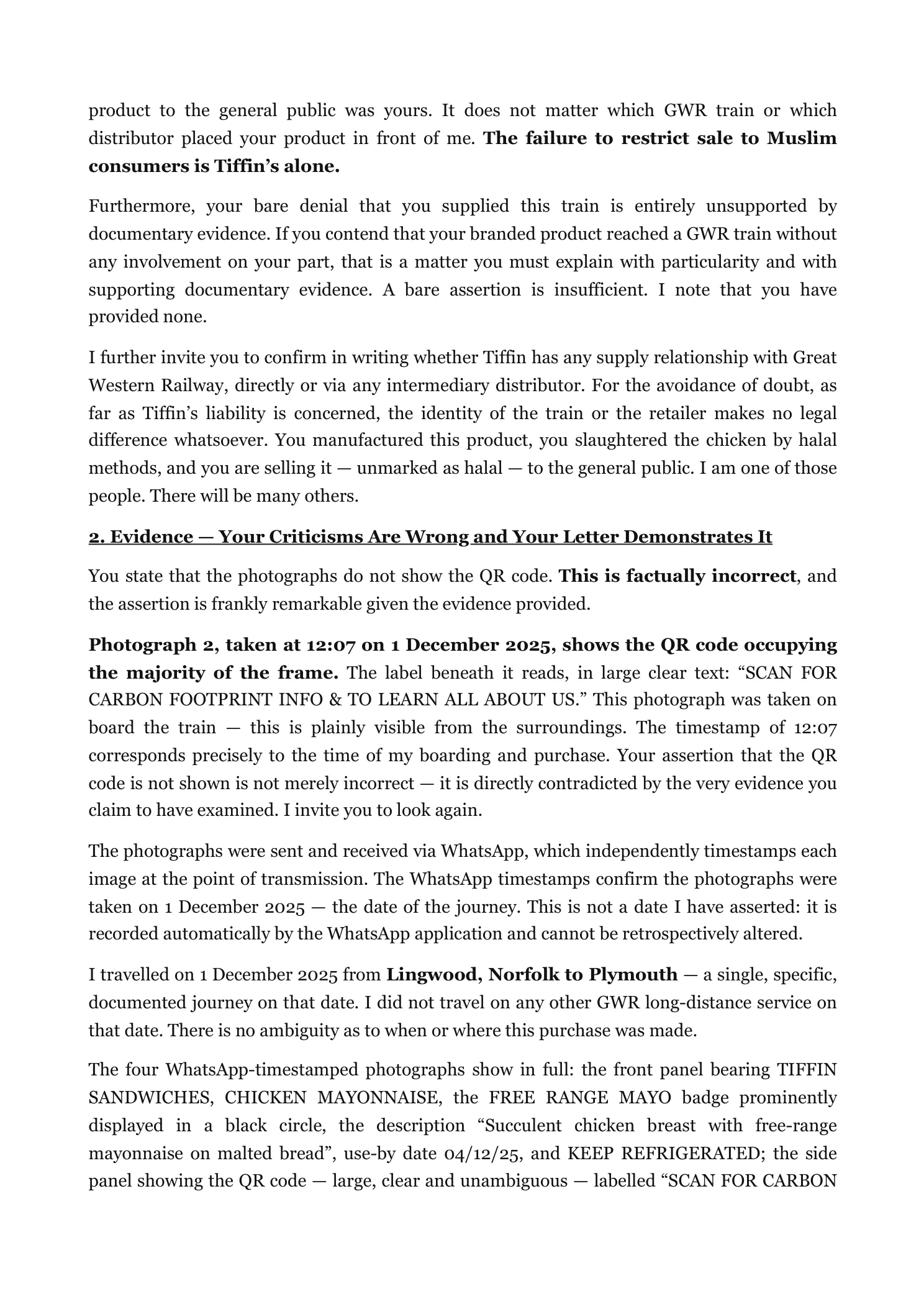 Reply to Tiffin Sandwiches' pre-action response (page 2)