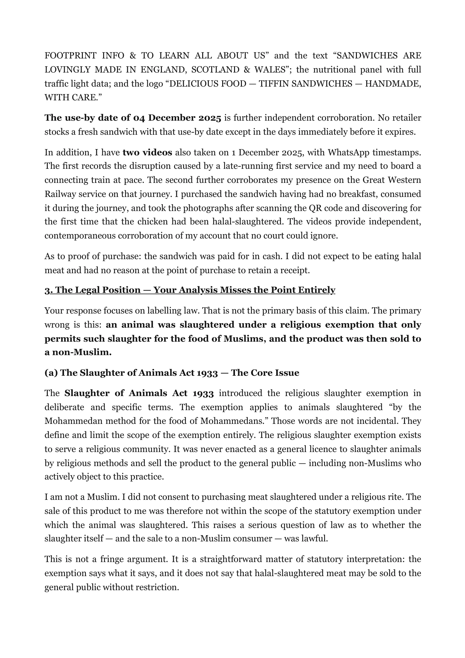 Reply to Tiffin Sandwiches' pre-action response (page 3)