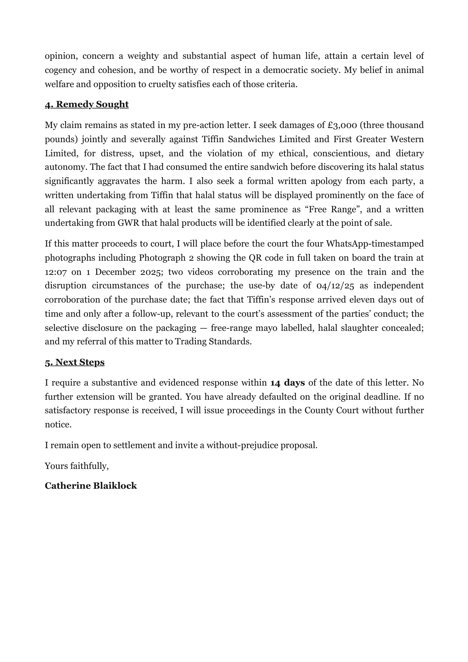 Reply to Tiffin Sandwiches' pre-action response (page 5)