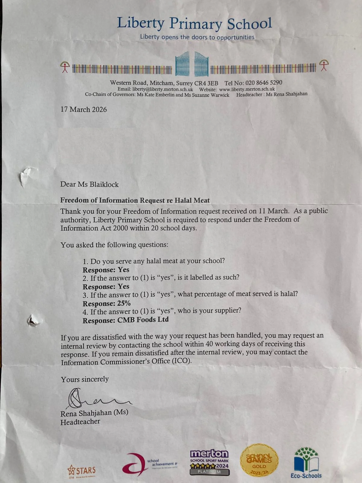 Scanned FOI response letter from Liberty Primary School, dated 17 March 2026