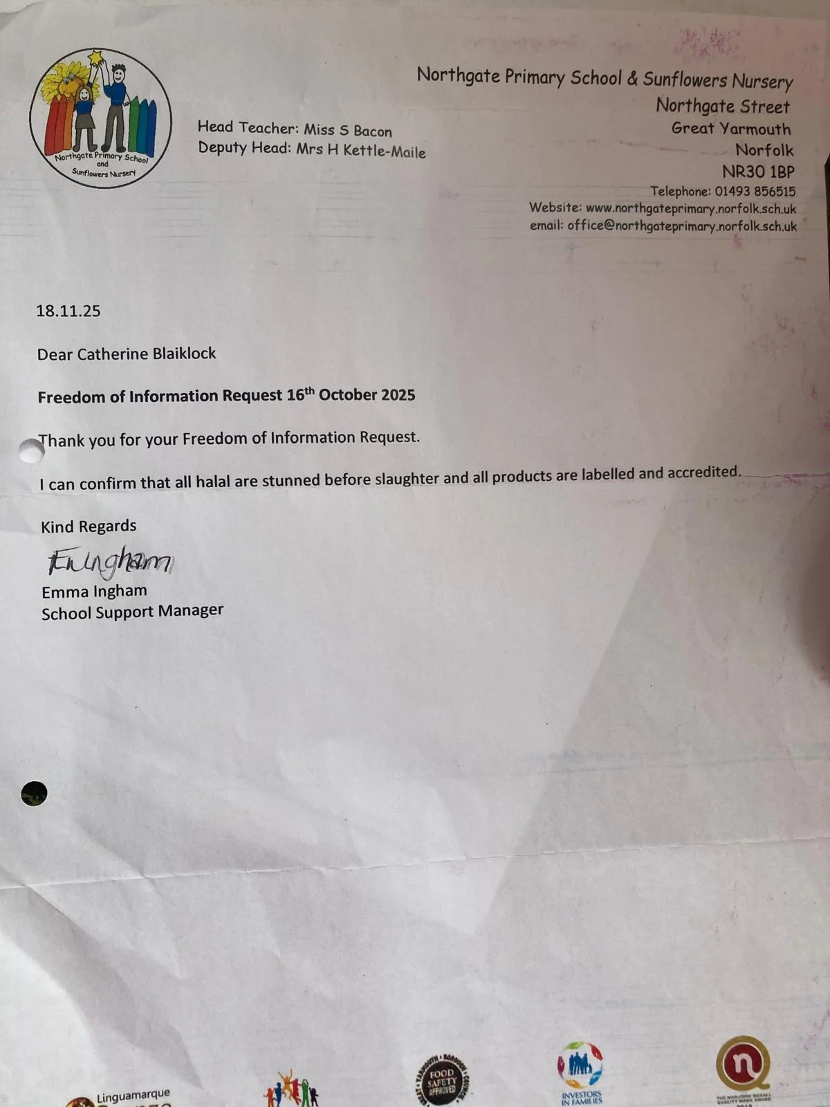 Scanned FOI response letter from Northgate Primary School and Sunflowers Nursery, dated 18 November 2025