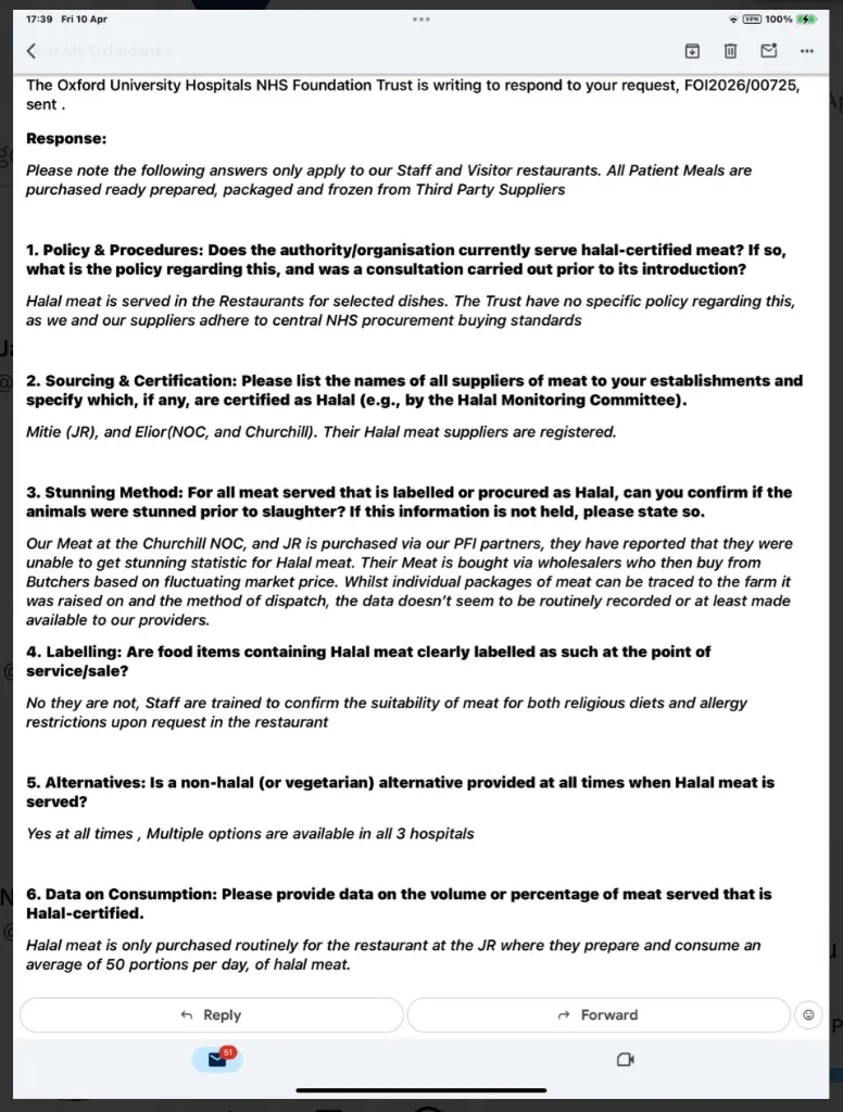 Freedom of Information response from Oxford University Hospitals NHS Foundation Trust, ref FOI2026/00725, answering six questions on halal meat in its staff and visitor restaurants