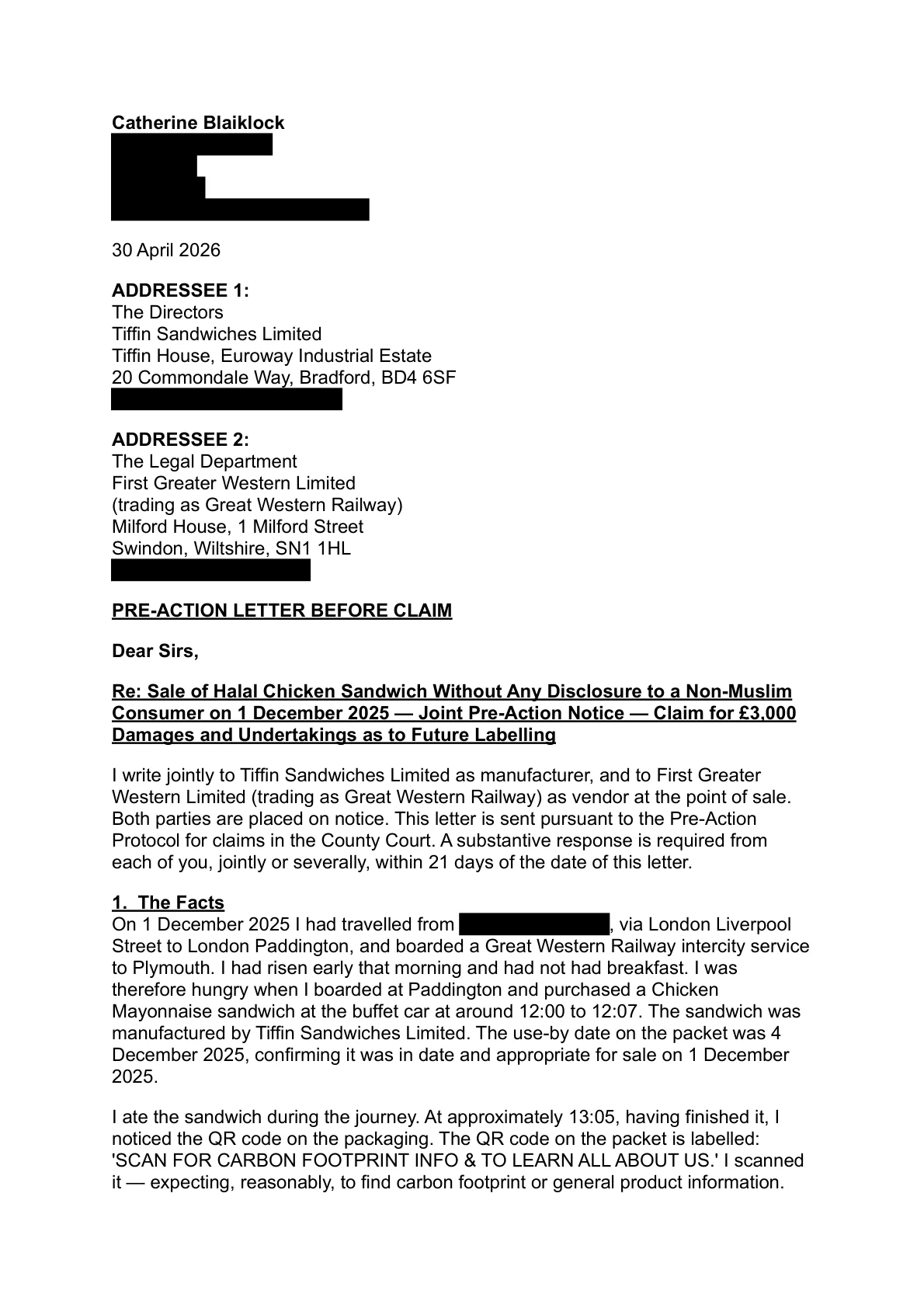 Train sandwich — pre-action letter (page 1)