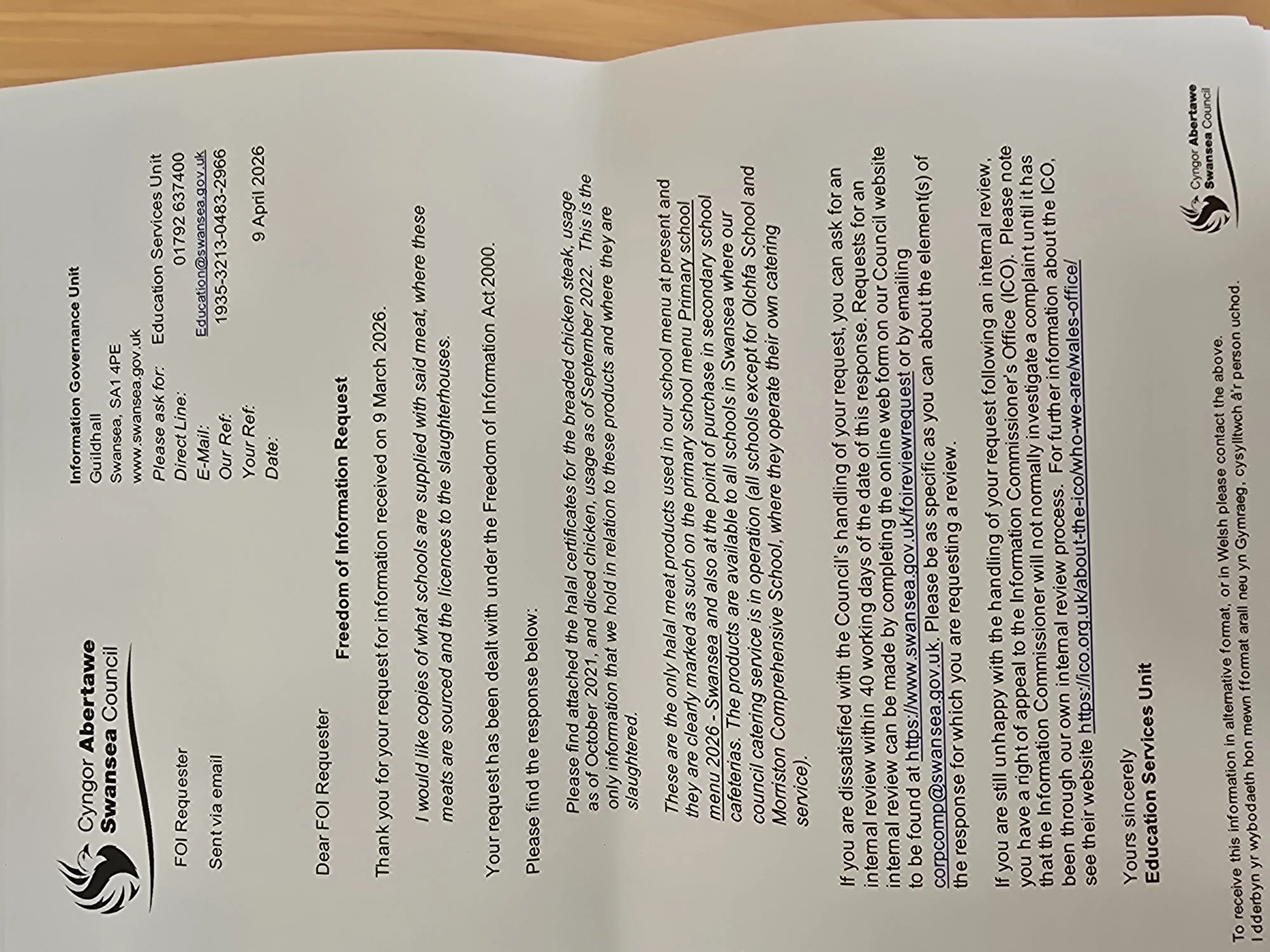 Scanned Freedom of Information response from Swansea Council, dated 9 April 2026, confirming halal meat is served in Swansea schools