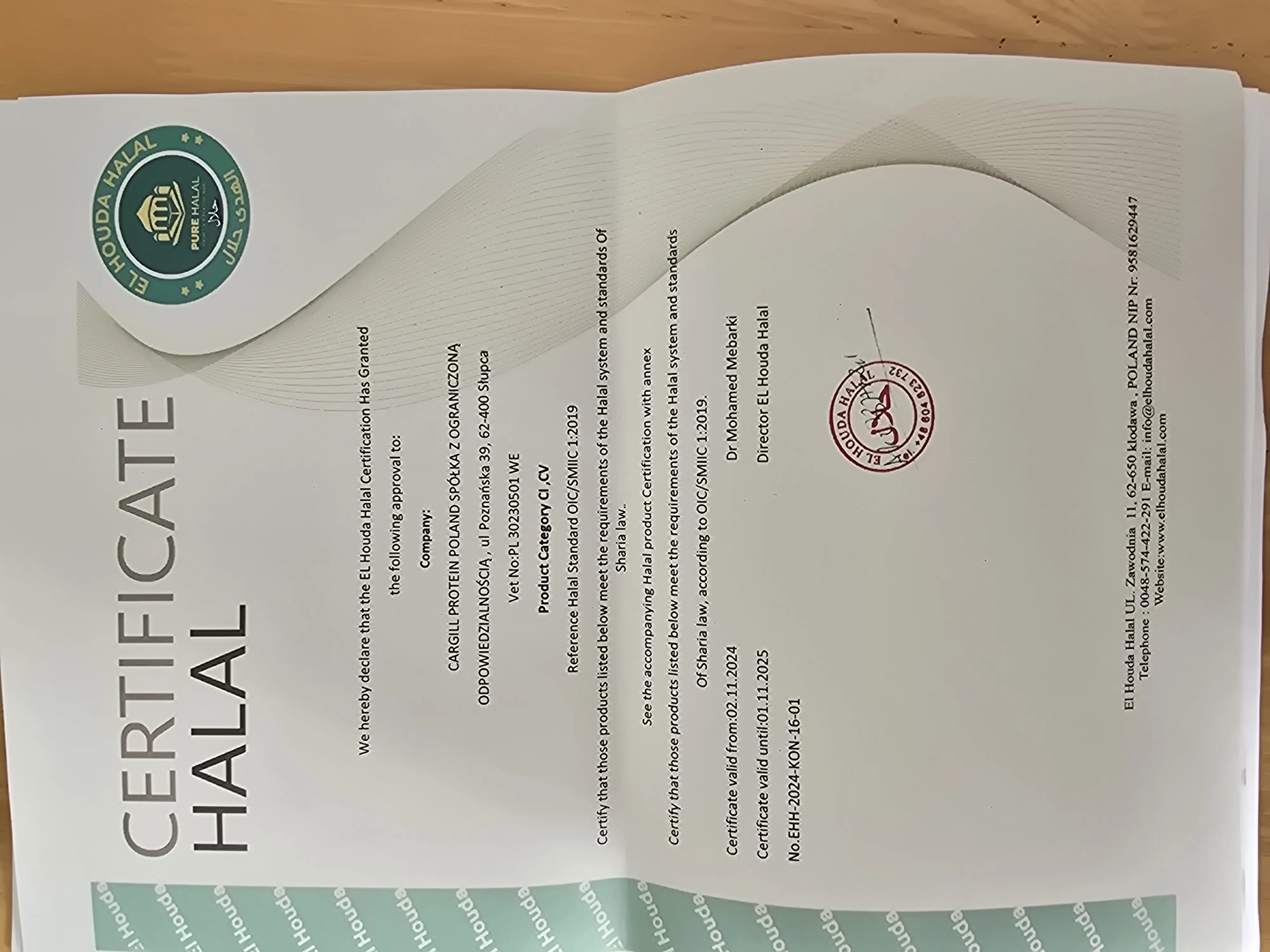 El Houda Halal certificate for Cargill Protein Poland
