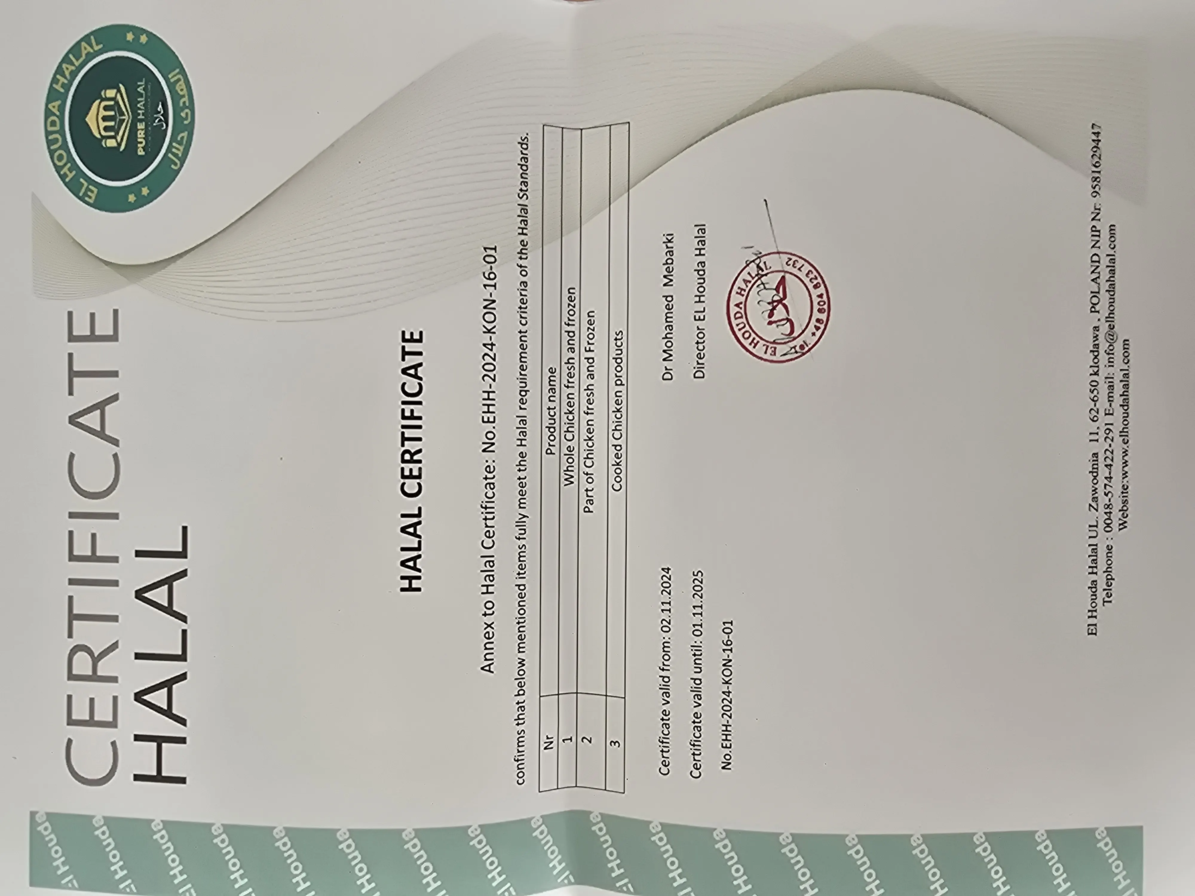 Annex to the El Houda Halal certificate listing chicken products